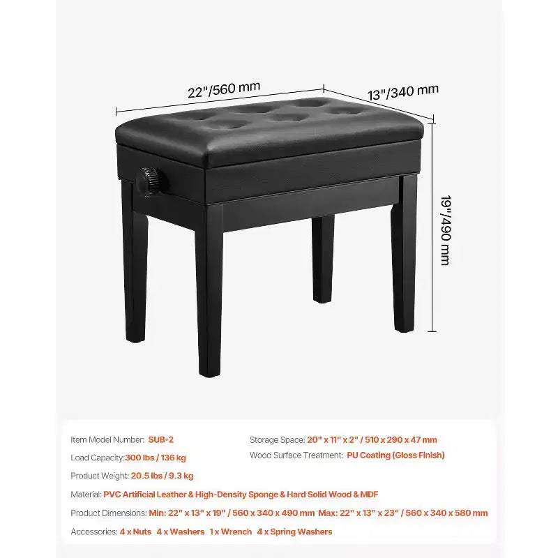 Banc de piano avec hauteur réglable de 49 à 58 cm, coussin rembourré et compartiment de rangement, noir