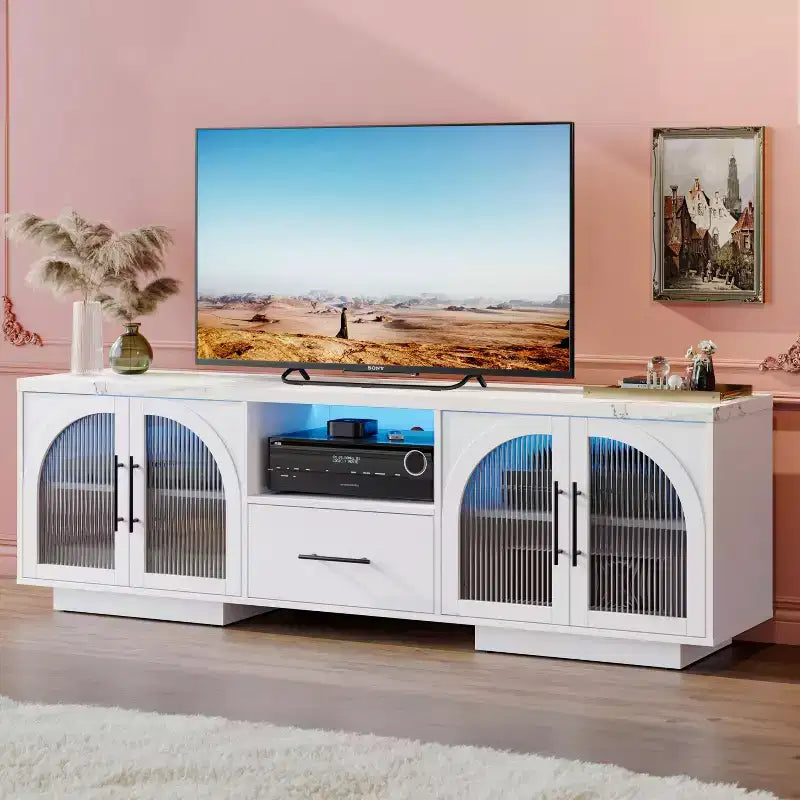 Meuble TV 70" pour TV 80", centre de divertissement avec lumières LED RGB et portes en verre incurvées
