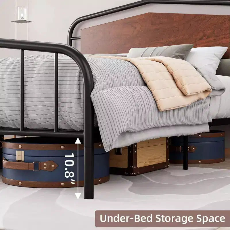 Cadre de lit en métal avec tête de lit en bois - Lit plateforme en fer forgé, Rangement sous le lit, Montage facile pour chambre à coucher de style industriel