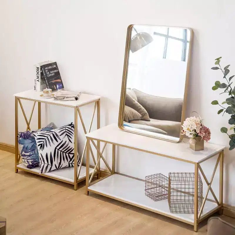 Table de console en bois et fer à 2 niveaux avec cadre en X, 78,2 x 35,1 x 76,2 cm, panneau blanc, cadre doré, pour entrée ou couloir