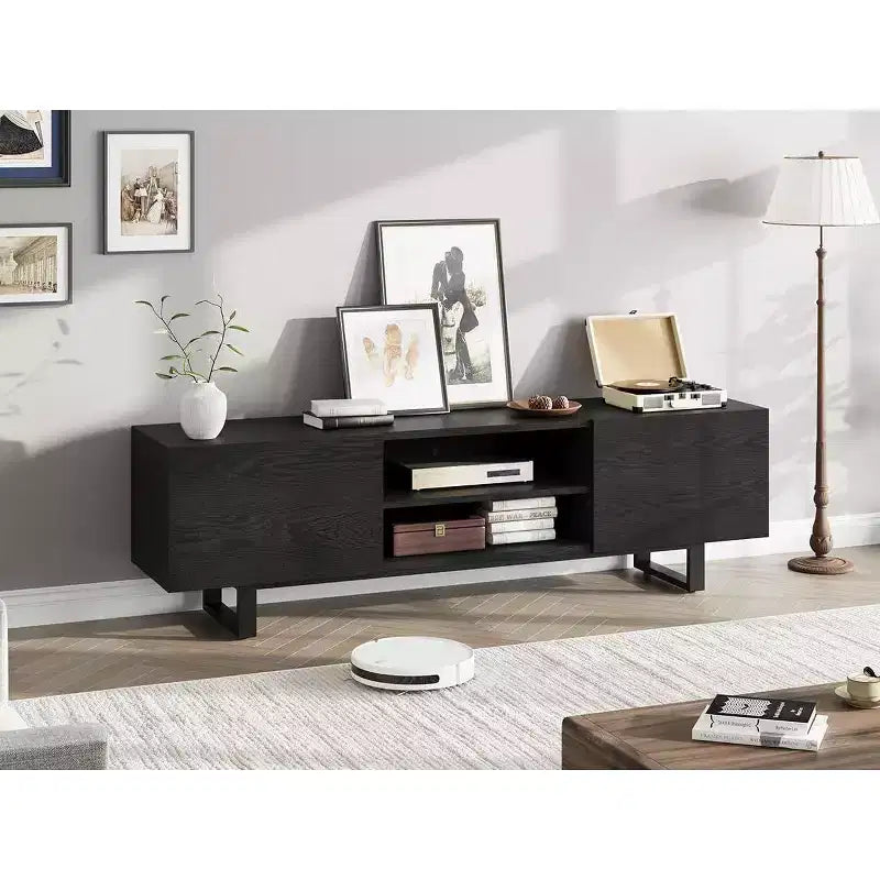 Console média de 70 po avec tiroirs de rangement et étagères ouvertes, pieds en métal