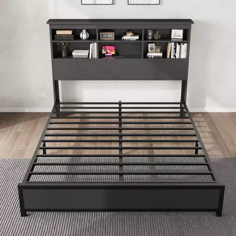 Cadre de lit avec bibliothèque - Tête de lit haute à 2 niveaux, Lit plateforme double avec station de charge, Aucun sommier tapissier requis, Facile à assembler, Cadre de matelas noir