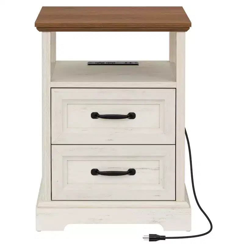 Table de chevet rustique moderne avec station de charge, 2 tiroirs et étagère ouverte – Table d'appoint de ferme
