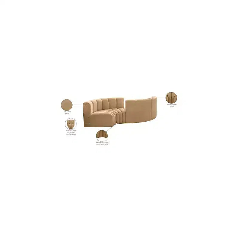 Canapé modulaire Arc Velvet – Canapé incurvé capitonné marron avec profonds surpiqûres verticales, design contemporain