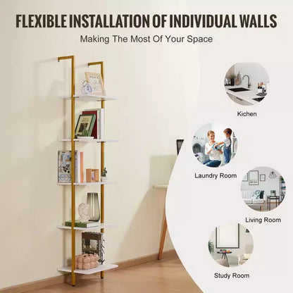 Étagère échelle murale à 5 niveaux avec cadre métallique, étagère de rangement de 178 cm, or et blanc