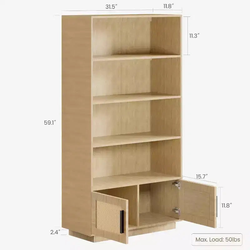 Étagère à Livres en Bois à 5 Niveaux avec Portes en Rotin - Bibliothèque Bohème de 160 cm de Haut avec Rangement en Bois Naturel et Rotin Tressé