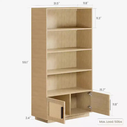 Étagère à Livres en Bois à 5 Niveaux avec Portes en Rotin - Bibliothèque Bohème de 160 cm de Haut avec Rangement en Bois Naturel et Rotin Tressé