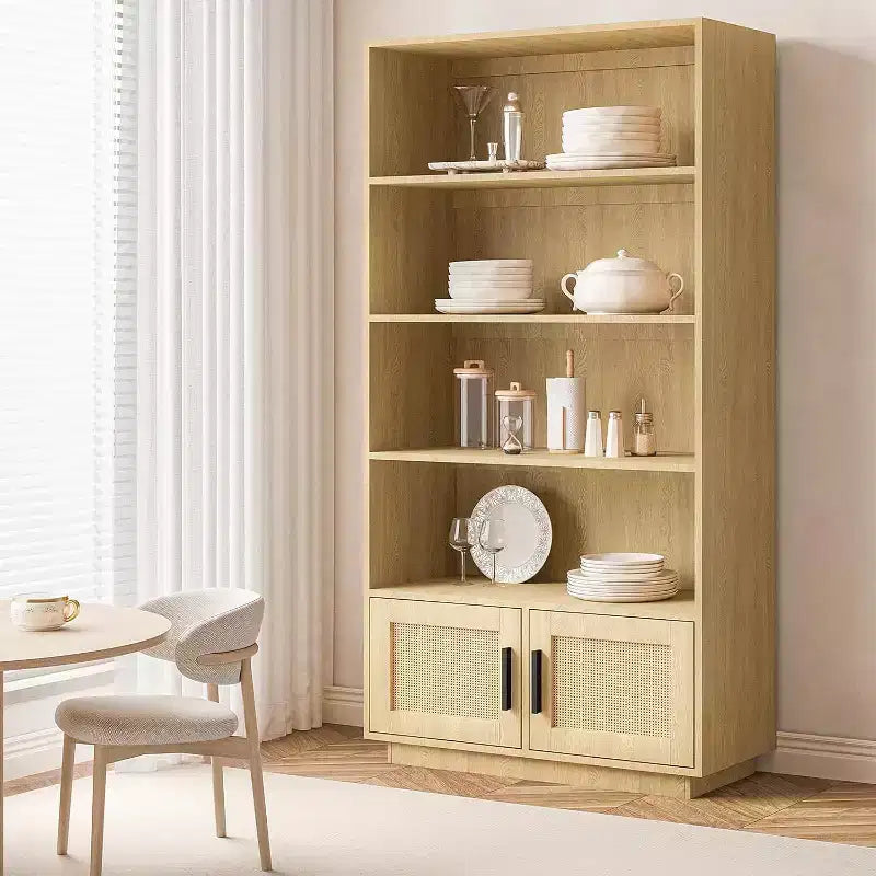 Étagère à Livres en Bois à 5 Niveaux avec Portes en Rotin - Bibliothèque Bohème de 160 cm de Haut avec Rangement en Bois Naturel et Rotin Tressé