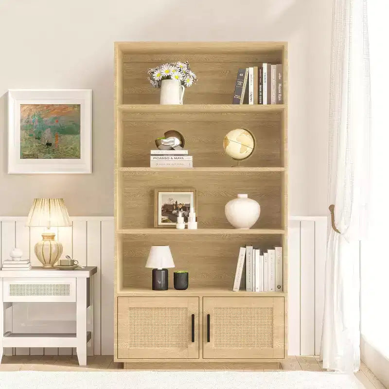 Étagère à Livres en Bois à 5 Niveaux avec Portes en Rotin - Bibliothèque Bohème de 160 cm de Haut avec Rangement en Bois Naturel et Rotin Tressé