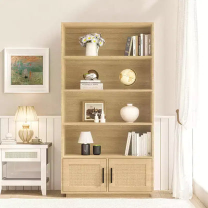 Étagère à Livres en Bois à 5 Niveaux avec Portes en Rotin - Bibliothèque Bohème de 160 cm de Haut avec Rangement en Bois Naturel et Rotin Tressé