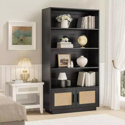 Étagère à Livres en Bois à 5 Niveaux avec Portes en Rotin - Bibliothèque Bohème de 160 cm de Haut avec Rangement en Bois Naturel et Rotin Tressé