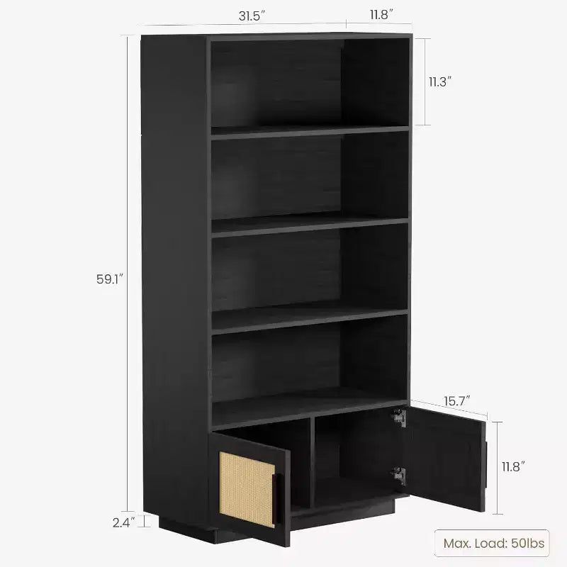 Étagère à Livres en Bois à 5 Niveaux avec Portes en Rotin - Bibliothèque Bohème de 160 cm de Haut avec Rangement en Bois Naturel et Rotin Tressé