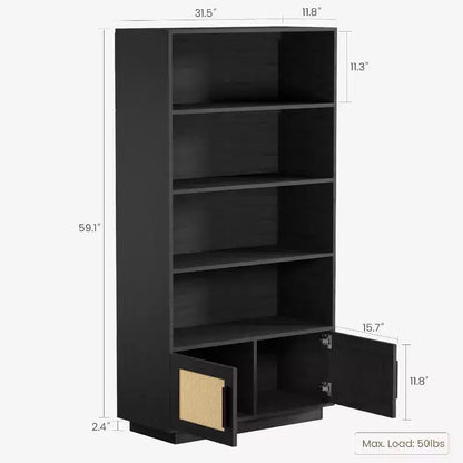 Étagère à Livres en Bois à 5 Niveaux avec Portes en Rotin - Bibliothèque Bohème de 160 cm de Haut avec Rangement en Bois Naturel et Rotin Tressé