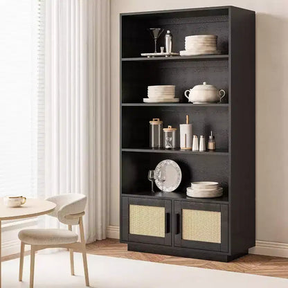 Étagère à Livres en Bois à 5 Niveaux avec Portes en Rotin - Bibliothèque Bohème de 160 cm de Haut avec Rangement en Bois Naturel et Rotin Tressé