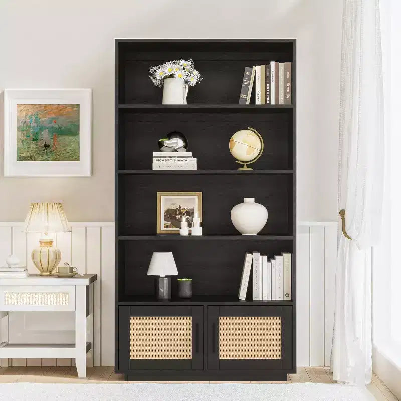 5-Tier Wooden Bookcase with Rattan Doors - 63 Tall Boho Bookshelf with Storage Natural Wood & Woven Rattan
