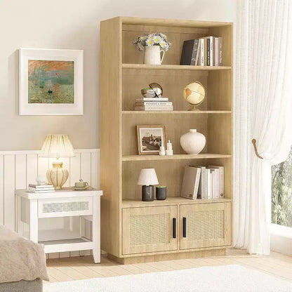 Étagère à Livres en Bois à 5 Niveaux avec Portes en Rotin - Bibliothèque Bohème de 160 cm de Haut avec Rangement en Bois Naturel et Rotin Tressé