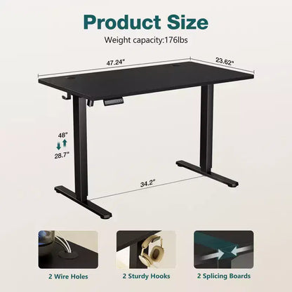 Bureau Debout Électrique Ergonomique à Hauteur Réglable avec Piétement en Métal en T et Préréglages de Mémoire Poste de Travail Informatique Moderne55.10x23.60x46.60-Noir