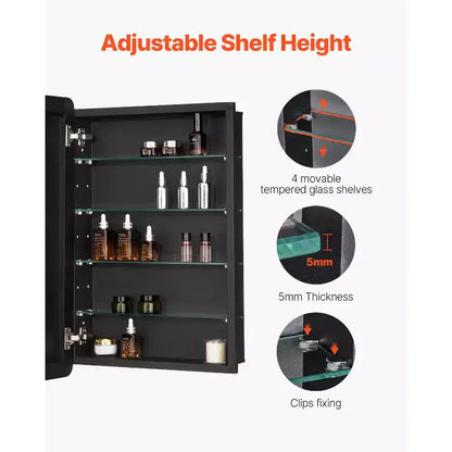 Armoire de toilette 20x30" avec miroir, cadre en aluminium noir et 4 étagères réglables