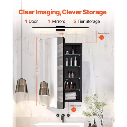 Armoire de toilette 20x30" avec miroir, cadre en aluminium noir et 4 étagères réglables