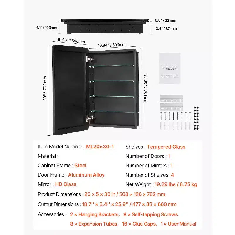 Armoire de toilette 20x30" avec miroir, cadre en aluminium noir et 4 étagères réglables