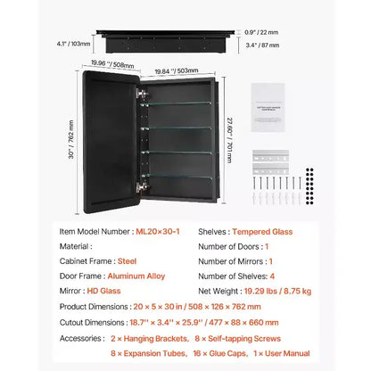 Armoire de toilette 20x30" avec miroir, cadre en aluminium noir et 4 étagères réglables