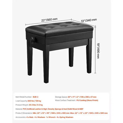 Banc de piano avec hauteur réglable de 49 à 58 cm, coussin rembourré et compartiment de rangement, noir