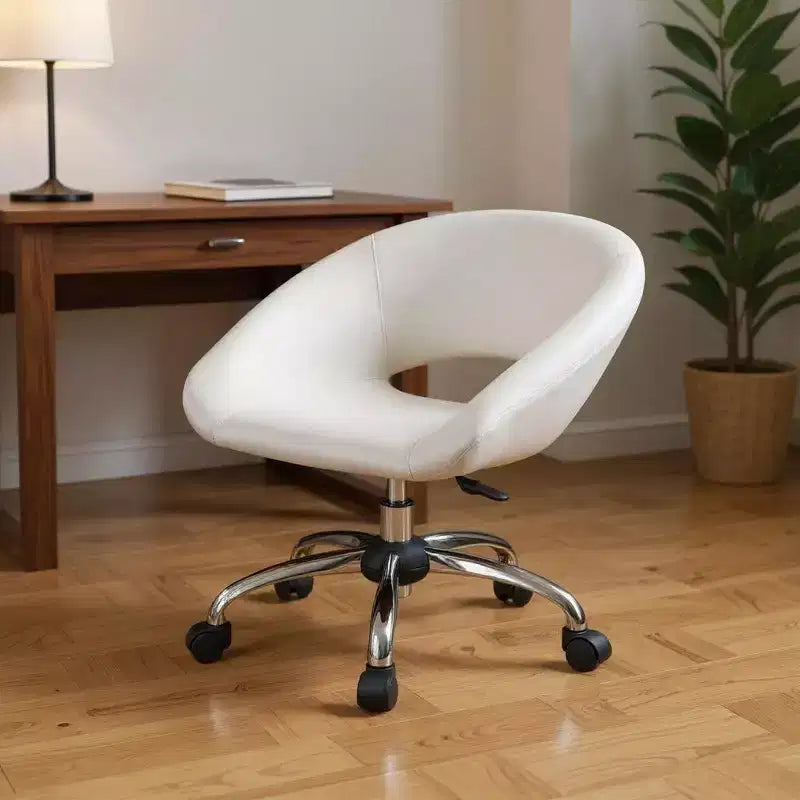 Chaise de bureau pivotante à roulettes en similicuir blanc et argenté, réglable en hauteur