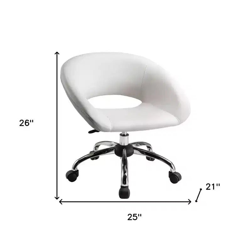 Chaise de bureau pivotante à roulettes en similicuir blanc et argenté, réglable en hauteur