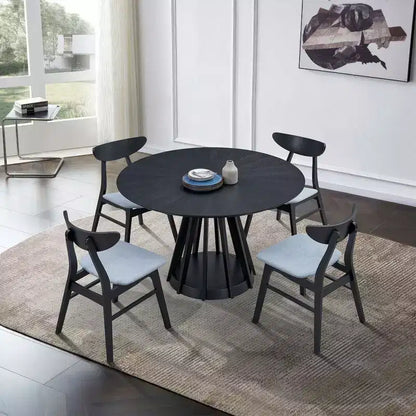 Table à manger ronde moderne de 47 po avec plateau en placage de bois et pied central, 4 places assises