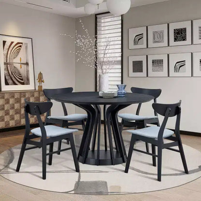 Table à manger ronde moderne de 47 po avec plateau en placage de bois et pied central, 4 places assises