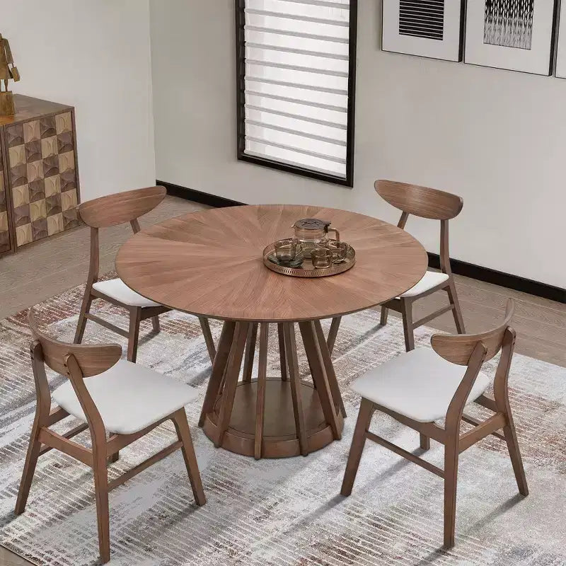 Table à manger ronde moderne de 47 po avec plateau en placage de bois et pied central, 4 places assises