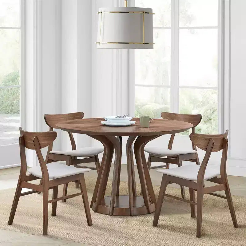 Table à manger ronde moderne de 47 po avec plateau en placage de bois et pied central, 4 places assises