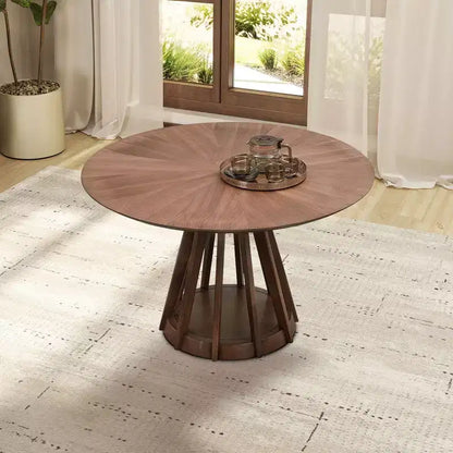 Table à manger ronde moderne de 47 po avec plateau en placage de bois et pied central, 4 places assises