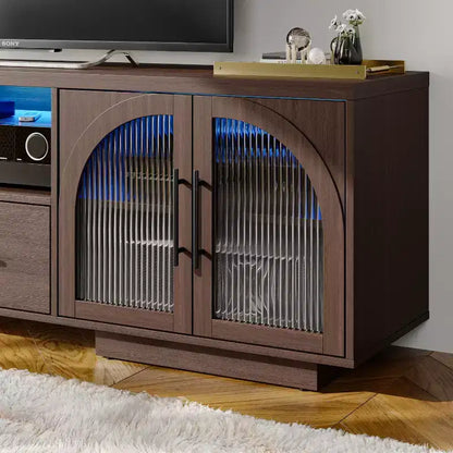 Meuble TV 70" pour TV 80", centre de divertissement avec lumières LED RGB et portes en verre incurvées