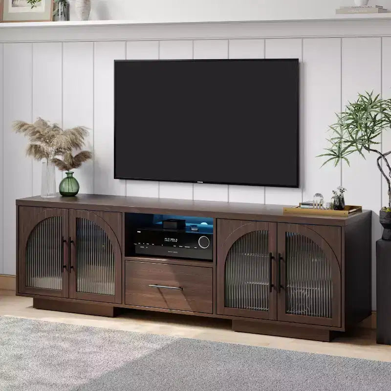 Meuble TV 70" pour TV 80", centre de divertissement avec lumières LED RGB et portes en verre incurvées