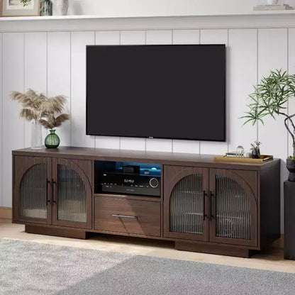 Meuble TV 70" pour TV 80", centre de divertissement avec lumières LED RGB et portes en verre incurvées