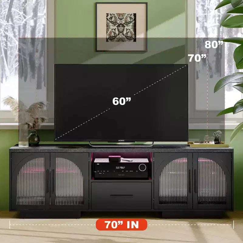 Meuble TV 70" pour TV 80", centre de divertissement avec lumières LED RGB et portes en verre incurvées