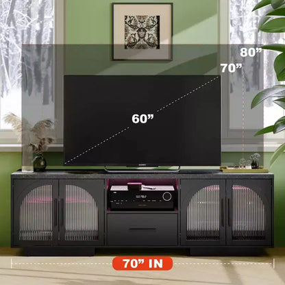 Meuble TV 70" pour TV 80", centre de divertissement avec lumières LED RGB et portes en verre incurvées