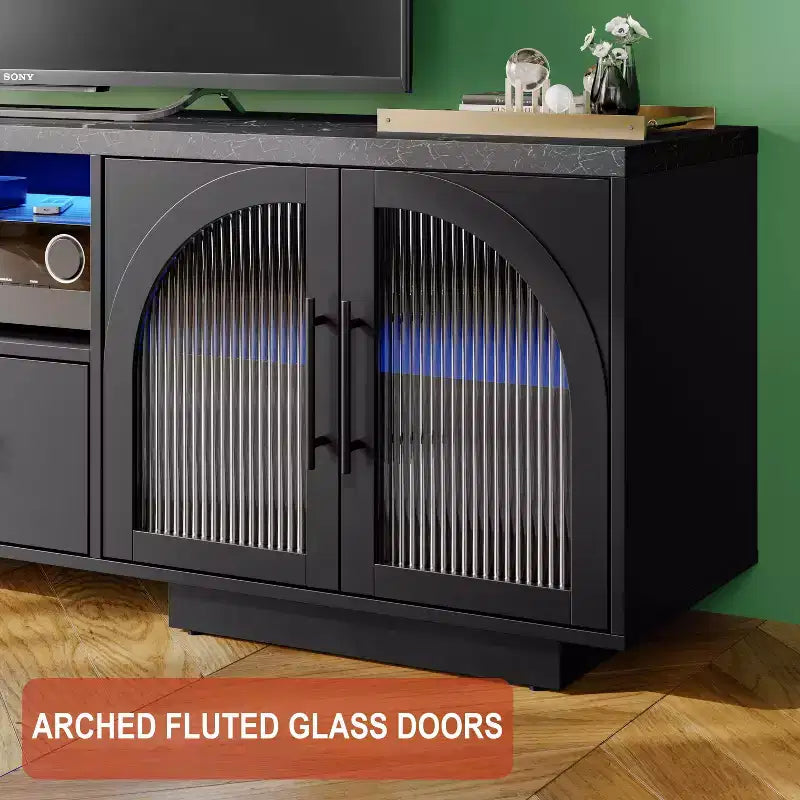 Meuble TV 70" pour TV 80", centre de divertissement avec lumières LED RGB et portes en verre incurvées