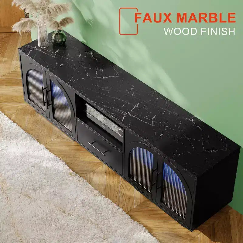 Meuble TV 70" pour TV 80", centre de divertissement avec lumières LED RGB et portes en verre incurvées