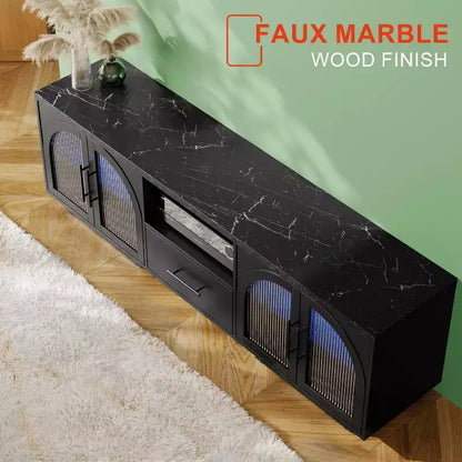 Meuble TV 70" pour TV 80", centre de divertissement avec lumières LED RGB et portes en verre incurvées