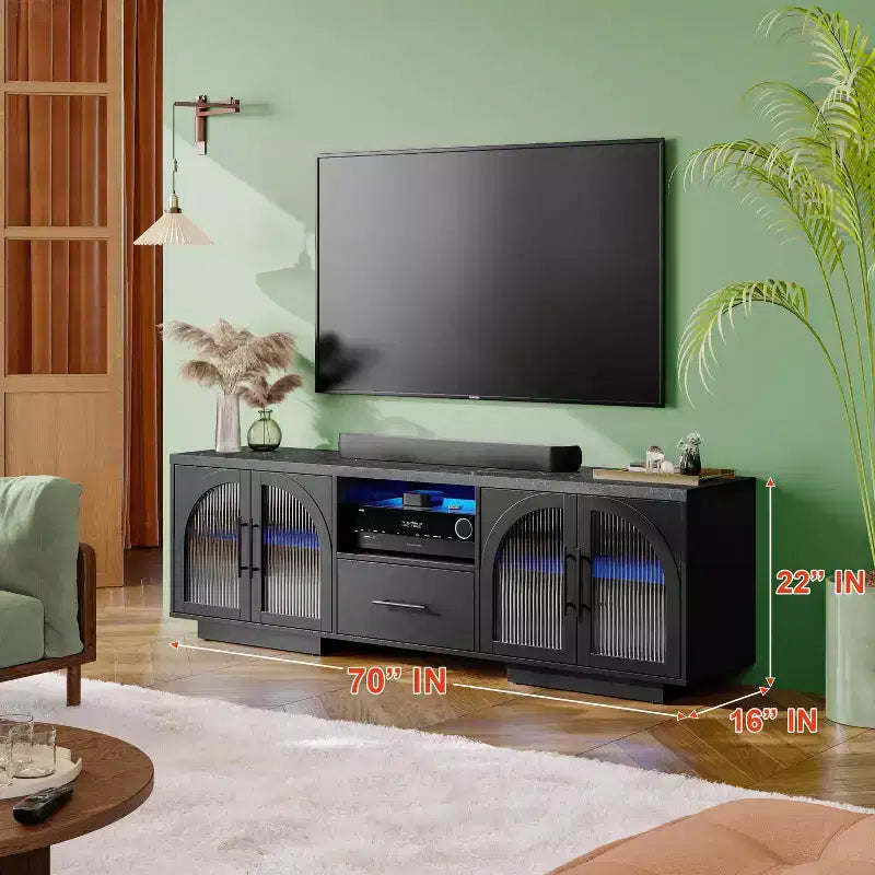 Meuble TV 70" pour TV 80", centre de divertissement avec lumières LED RGB et portes en verre incurvées