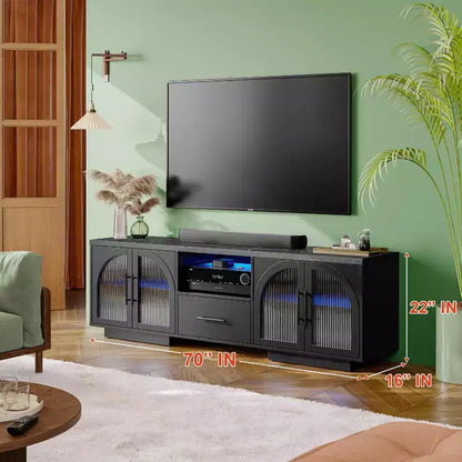 Meuble TV 70" pour TV 80", centre de divertissement avec lumières LED RGB et portes en verre incurvées