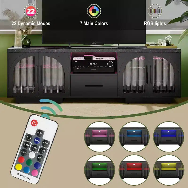 Meuble TV 70" pour TV 80", centre de divertissement avec lumières LED RGB et portes en verre incurvées