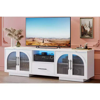 Meuble TV 70" pour TV 80", centre de divertissement avec lumières LED RGB et portes en verre incurvées