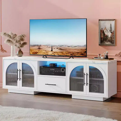Meuble TV 70" pour TV 80", centre de divertissement avec lumières LED RGB et portes en verre incurvées