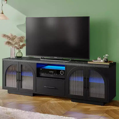 SOLACE FURNITURE 70 TV Stand for 80 TVs, Entertainment Center with LED Lights and Arched Glass Doors