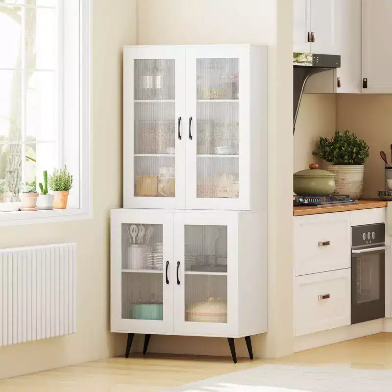 Meuble de cuisine avec portes cannelées translucides et étagère réglable, 179 cm de haut