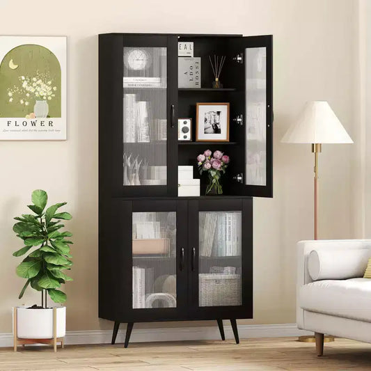 Meuble de cuisine avec portes cannelées translucides et étagère réglable, 179 cm de haut