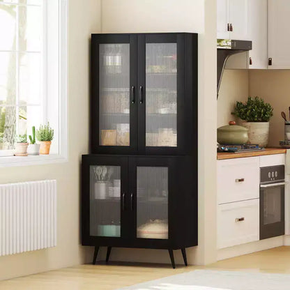 Meuble de cuisine avec portes cannelées translucides et étagère réglable, 179 cm de haut